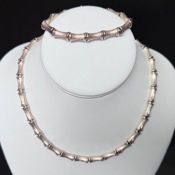 Vintage Sterling Silver Bamboo Link Choker Necklace & Bracelet Set 925 Italy 17" - Picture 8 of 16